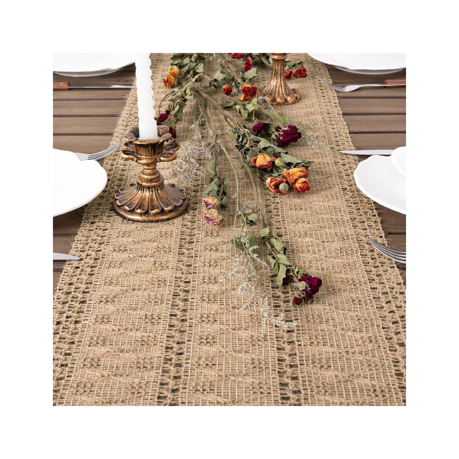 Boho Table Runner Easter Spring Farmhouse Burlap Jute Bamboo Rustic Dining Kitchen Centerpiece Decor Small Macrame Woven Coffee Table Runner for Dresser Scarf Home Decor 12X48 Inch