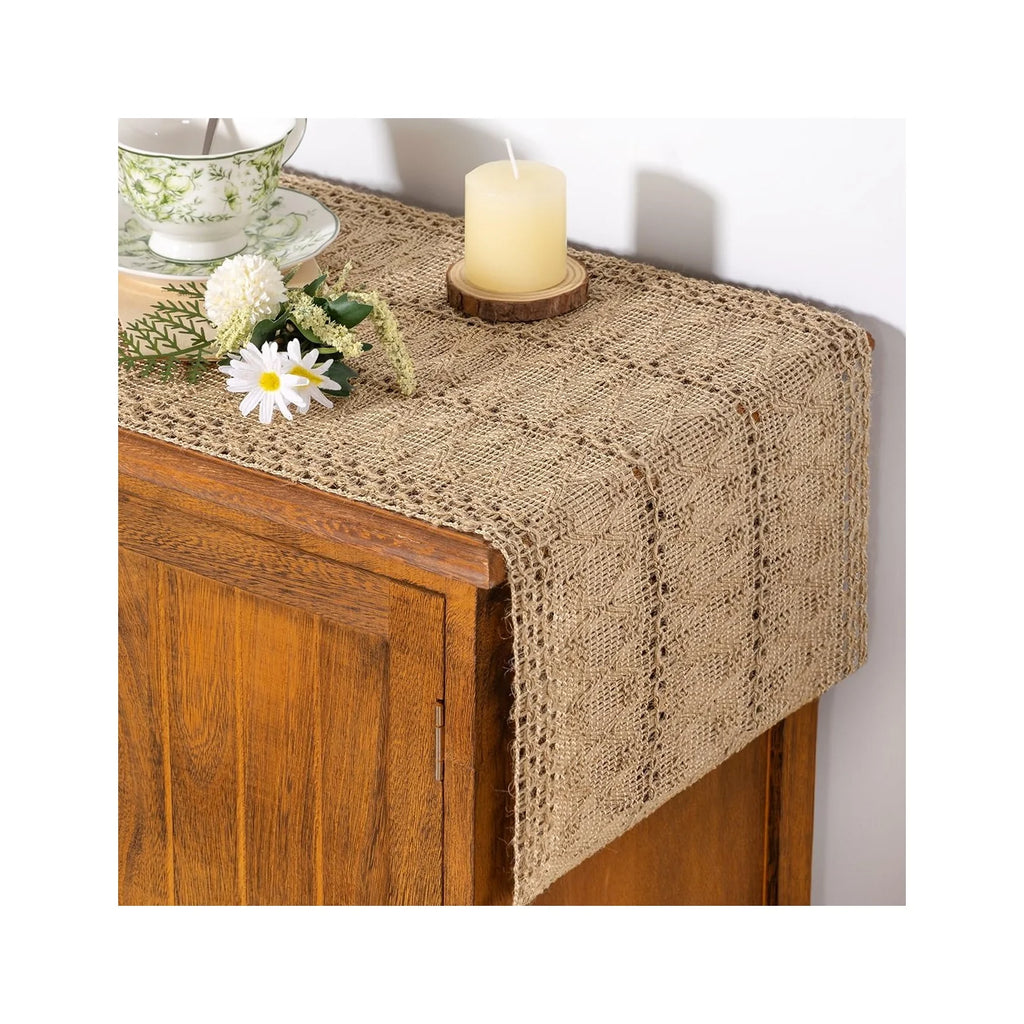 Boho Table Runner Easter Spring Farmhouse Burlap Jute Bamboo Rustic Dining Kitchen Centerpiece Decor Small Macrame Woven Coffee Table Runner for Dresser Scarf Home Decor 12X48 Inch