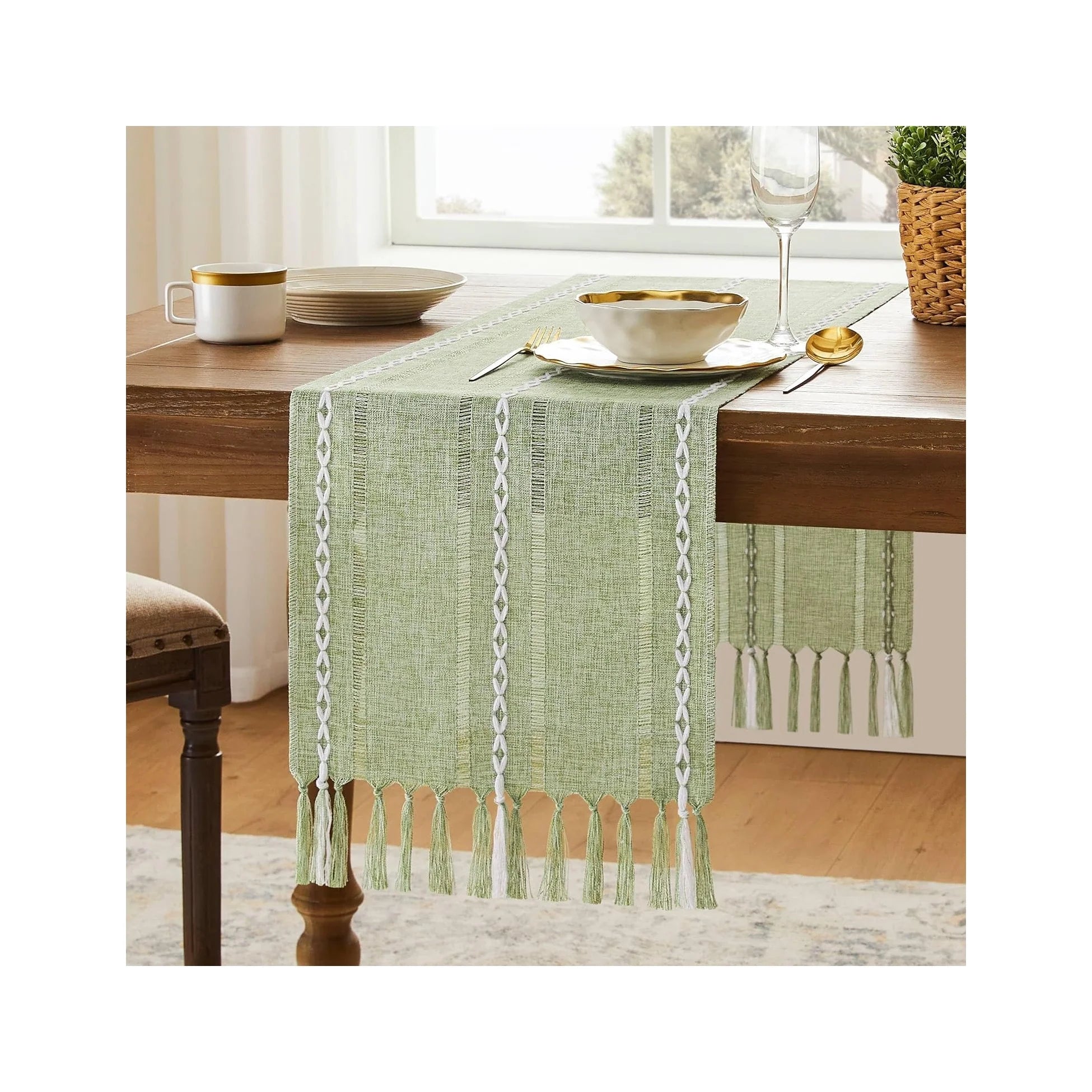 Hemstitched Farmhouse Table Runner, Sage Green 13X72 Inch, Cotton Linen Table Runners 72 Inches Long, Embroidered Striped Sage Green Boho Table Runner Rustic Home Decor
