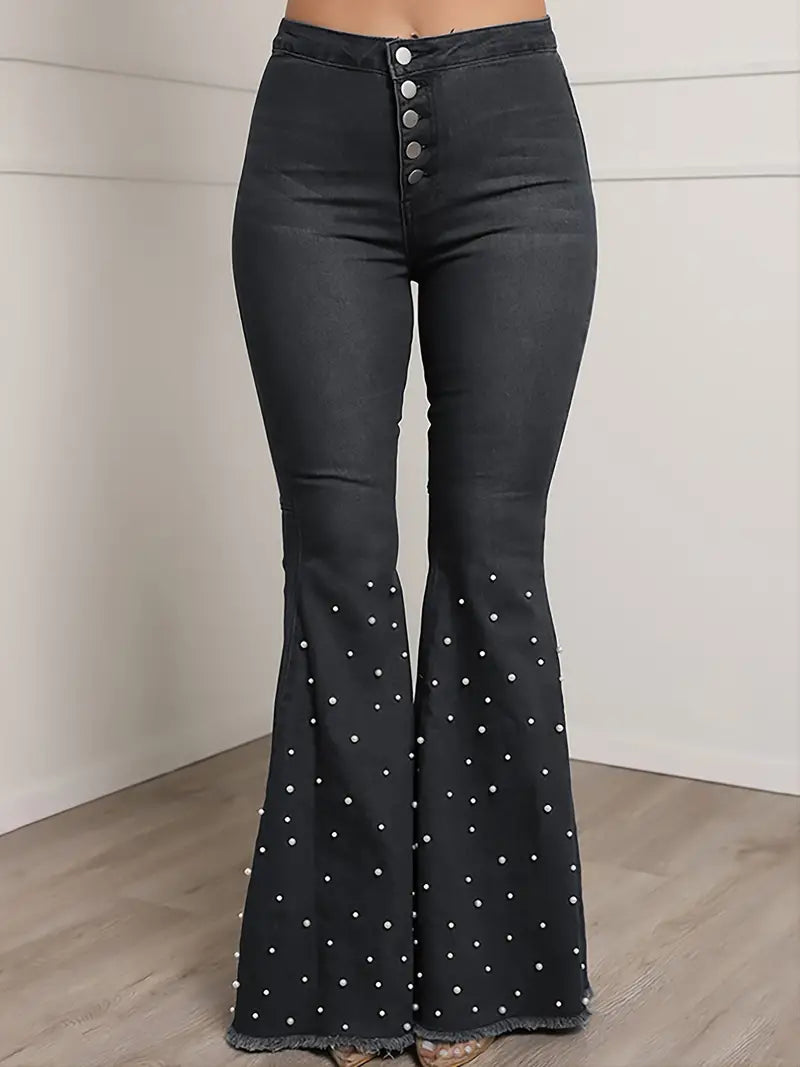 High Waist Elastic Slim Flared Beaded Pants
