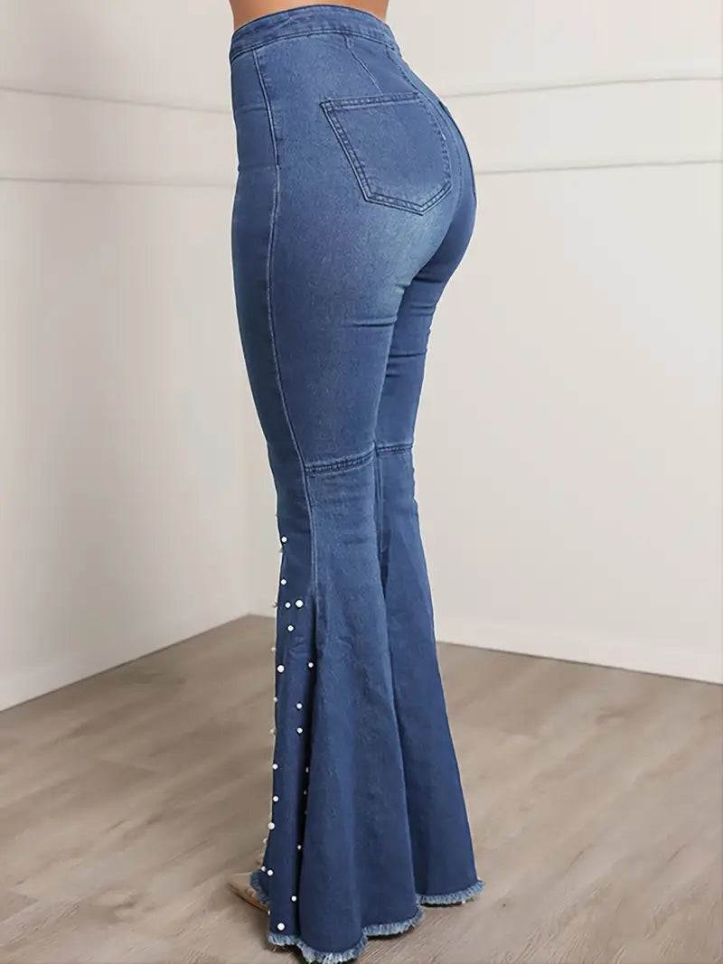 High Waist Elastic Slim Flared Beaded Pants