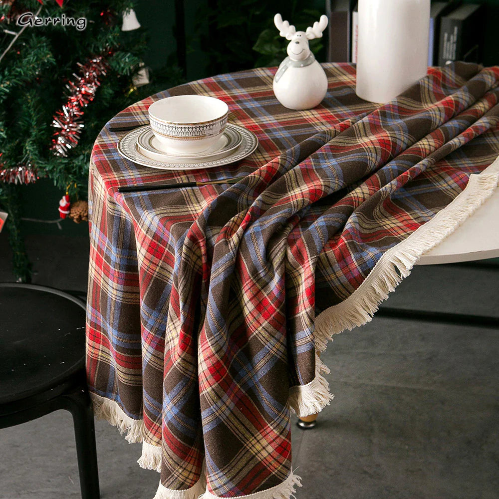 Gerring Christmas Coffee Table Cover Yarn Dyed Plaid Holiday Wedding Deco Tablecloth American round Tassel Table Cloth for Party