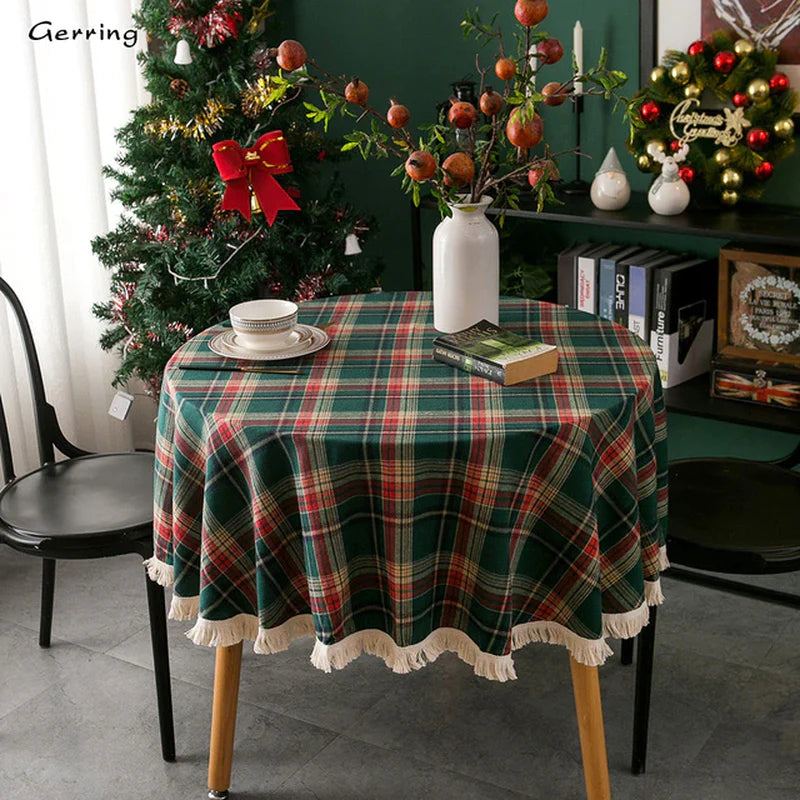 Gerring Christmas Coffee Table Cover Yarn Dyed Plaid Holiday Wedding Deco Tablecloth American round Tassel Table Cloth for Party