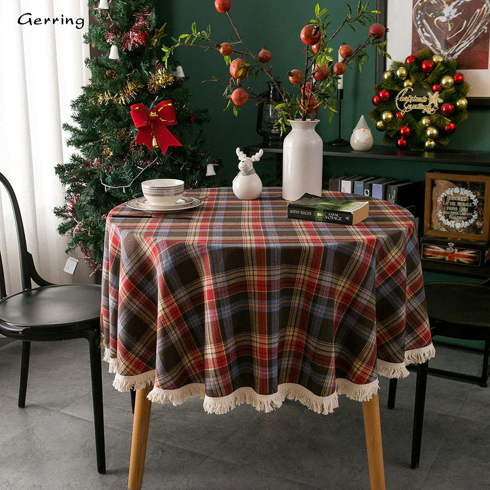 Gerring Christmas Coffee Table Cover Yarn Dyed Plaid Holiday Wedding Deco Tablecloth American round Tassel Table Cloth for Party