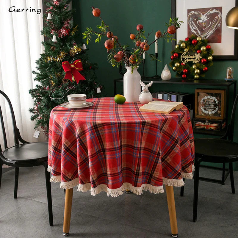 Gerring Christmas Coffee Table Cover Yarn Dyed Plaid Holiday Wedding Deco Tablecloth American round Tassel Table Cloth for Party