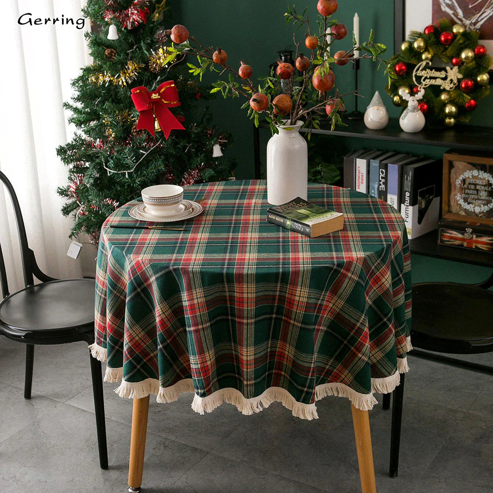 Gerring Christmas Coffee Table Cover Yarn Dyed Plaid Holiday Wedding Deco Tablecloth American round Tassel Table Cloth for Party