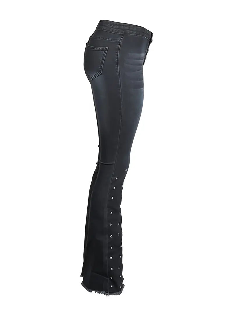 High Waist Elastic Slim Flared Beaded Pants