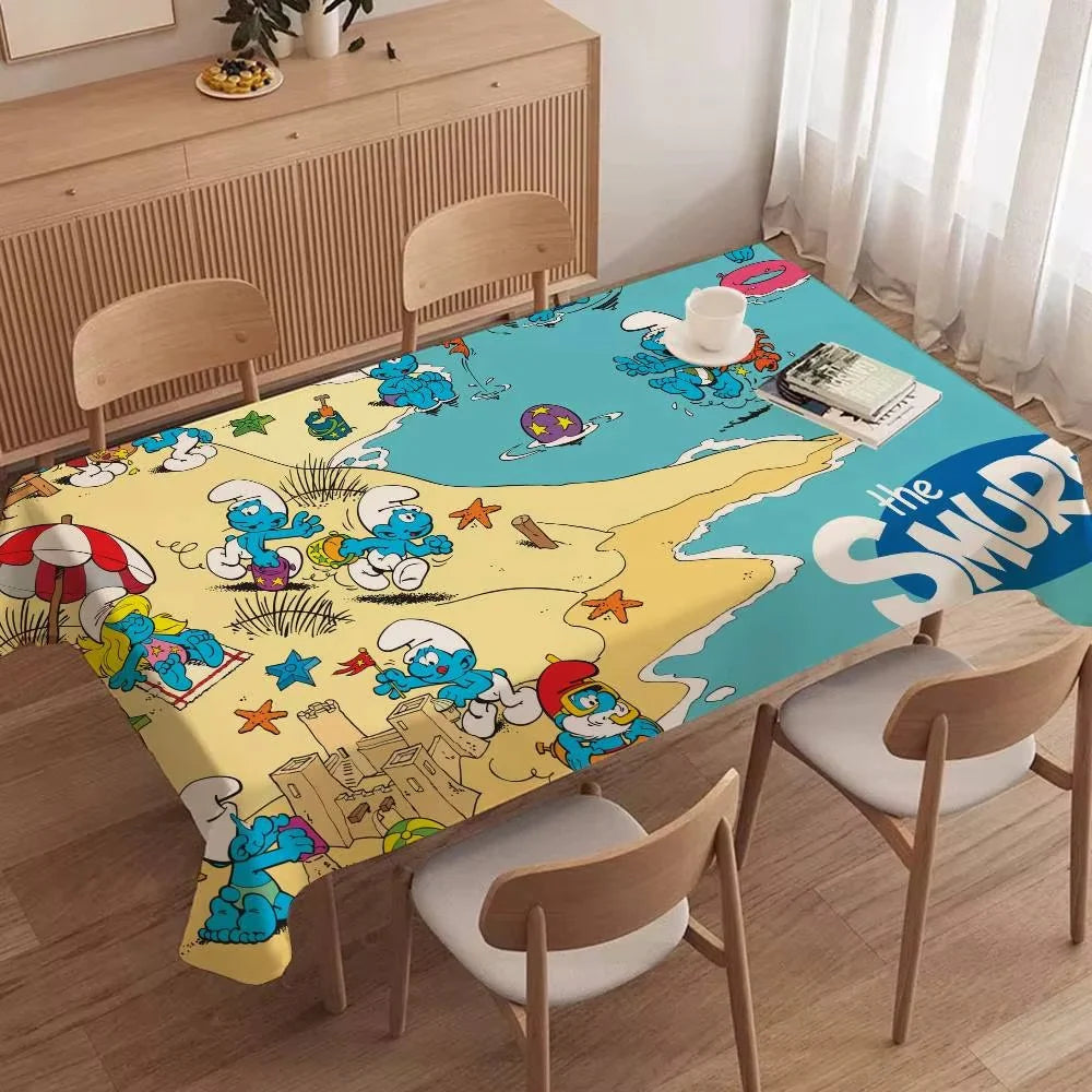 Cartoon Cute Smurfs Tablecloth – Stain Resistant & Washable Polyester Table Cover for Dining Table, Parties, Weddings & Home Decor