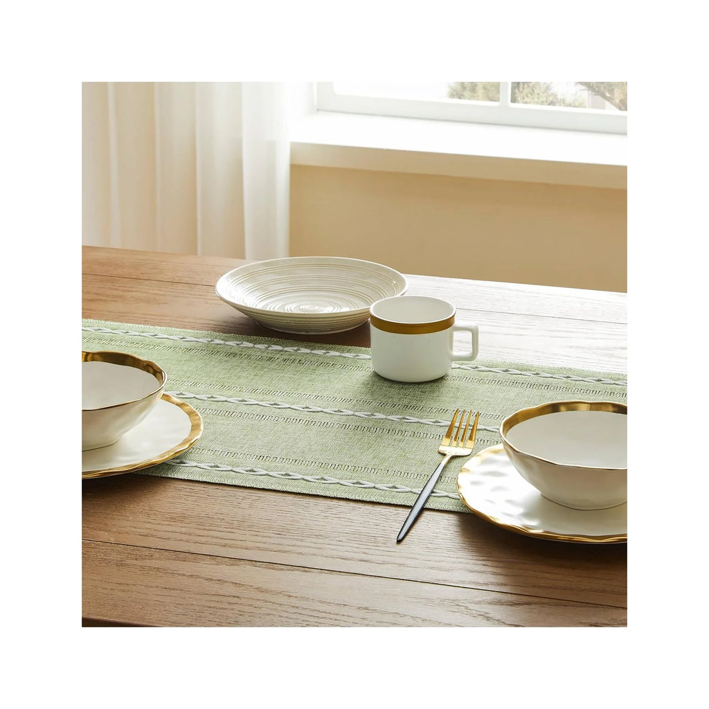 Hemstitched Farmhouse Table Runner, Sage Green 13X72 Inch, Cotton Linen Table Runners 72 Inches Long, Embroidered Striped Sage Green Boho Table Runner Rustic Home Decor