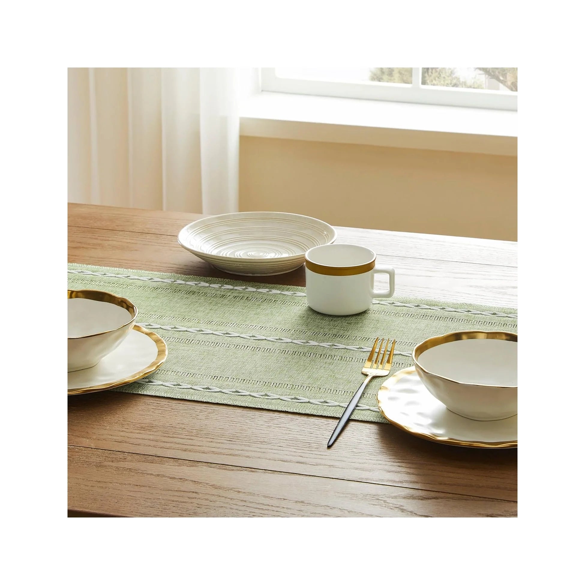 Hemstitched Farmhouse Table Runner, Sage Green 13X72 Inch, Cotton Linen Table Runners 72 Inches Long, Embroidered Striped Sage Green Boho Table Runner Rustic Home Decor