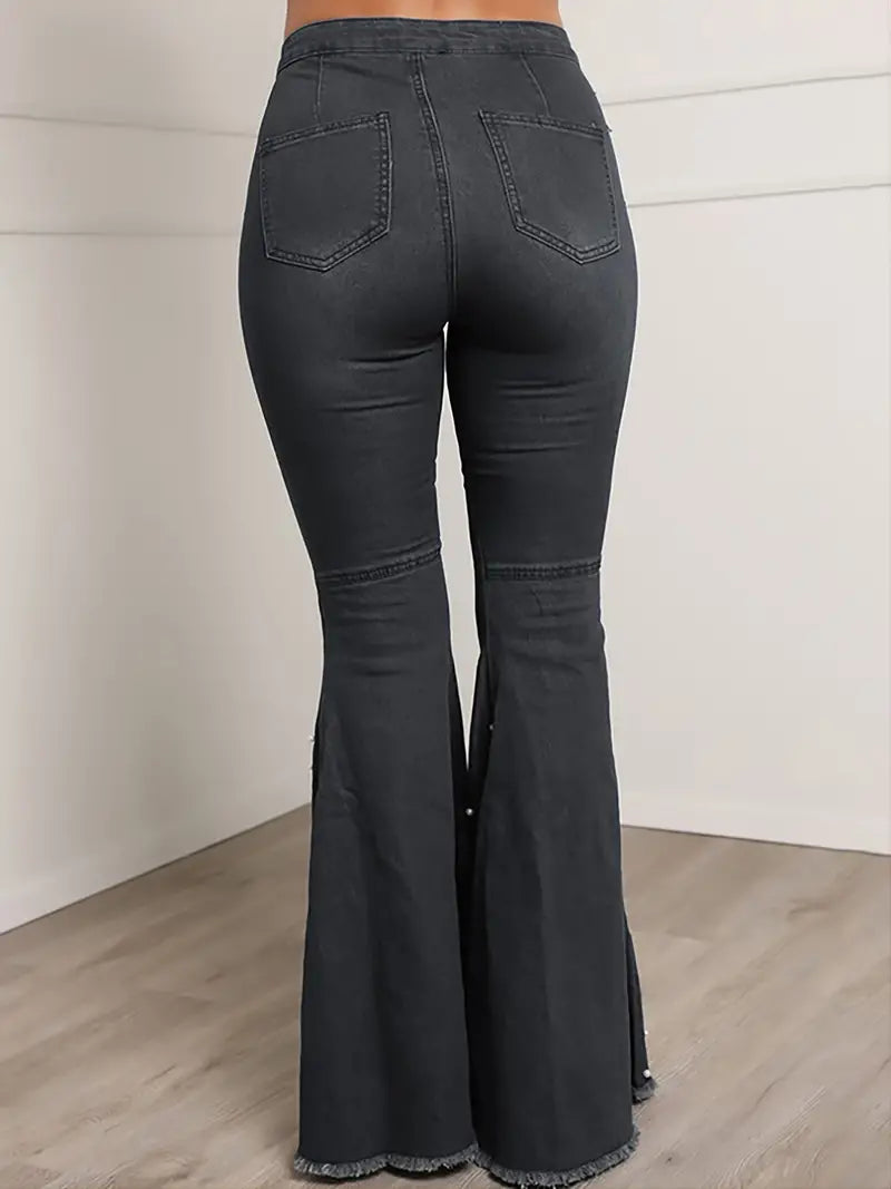 High Waist Elastic Slim Flared Beaded Pants