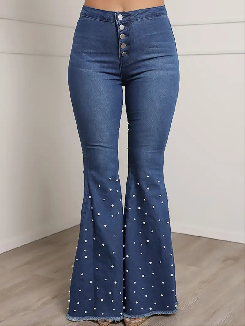 High Waist Elastic Slim Flared Beaded Pants