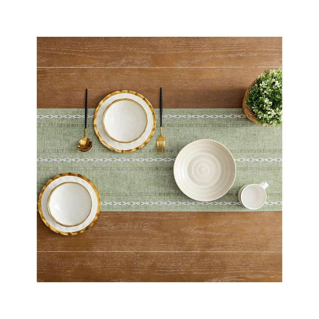 Hemstitched Farmhouse Table Runner, Sage Green 13X72 Inch, Cotton Linen Table Runners 72 Inches Long, Embroidered Striped Sage Green Boho Table Runner Rustic Home Decor