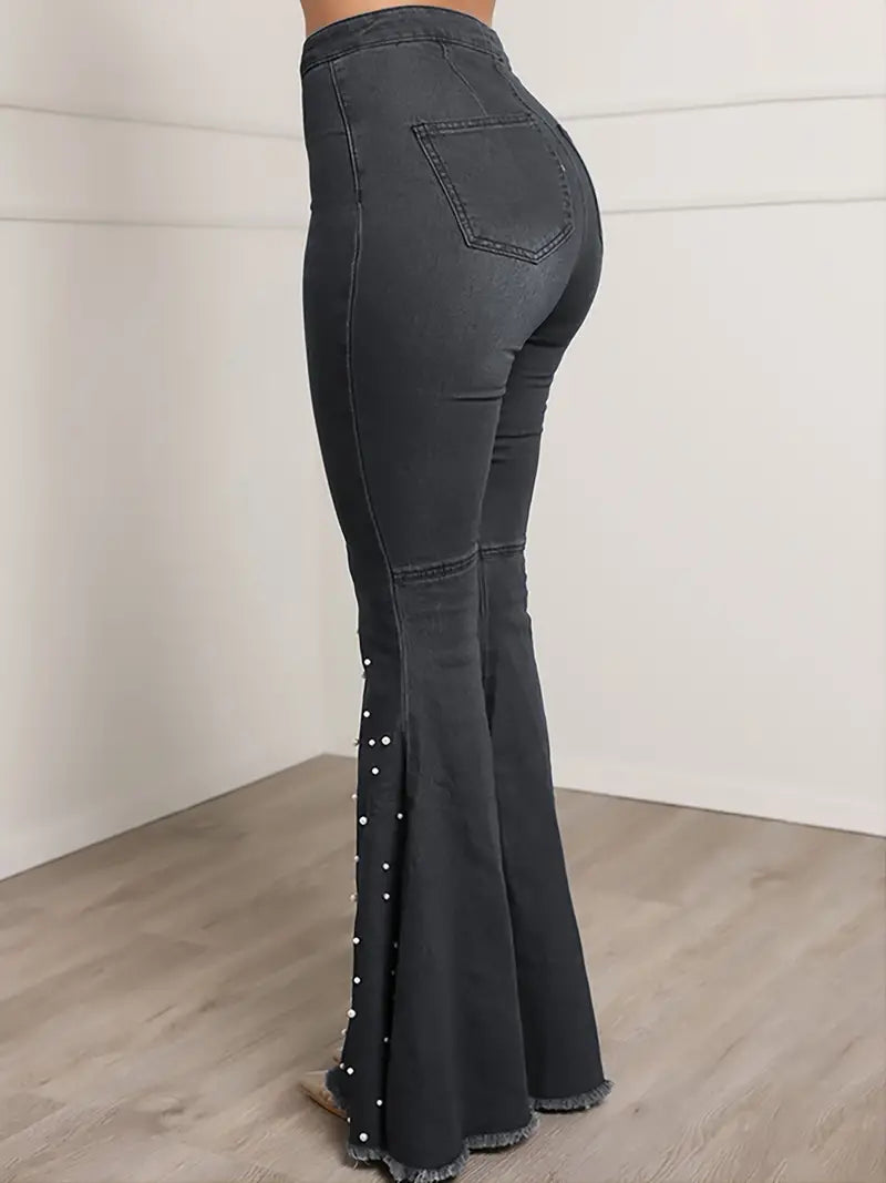 High Waist Elastic Slim Flared Beaded Pants