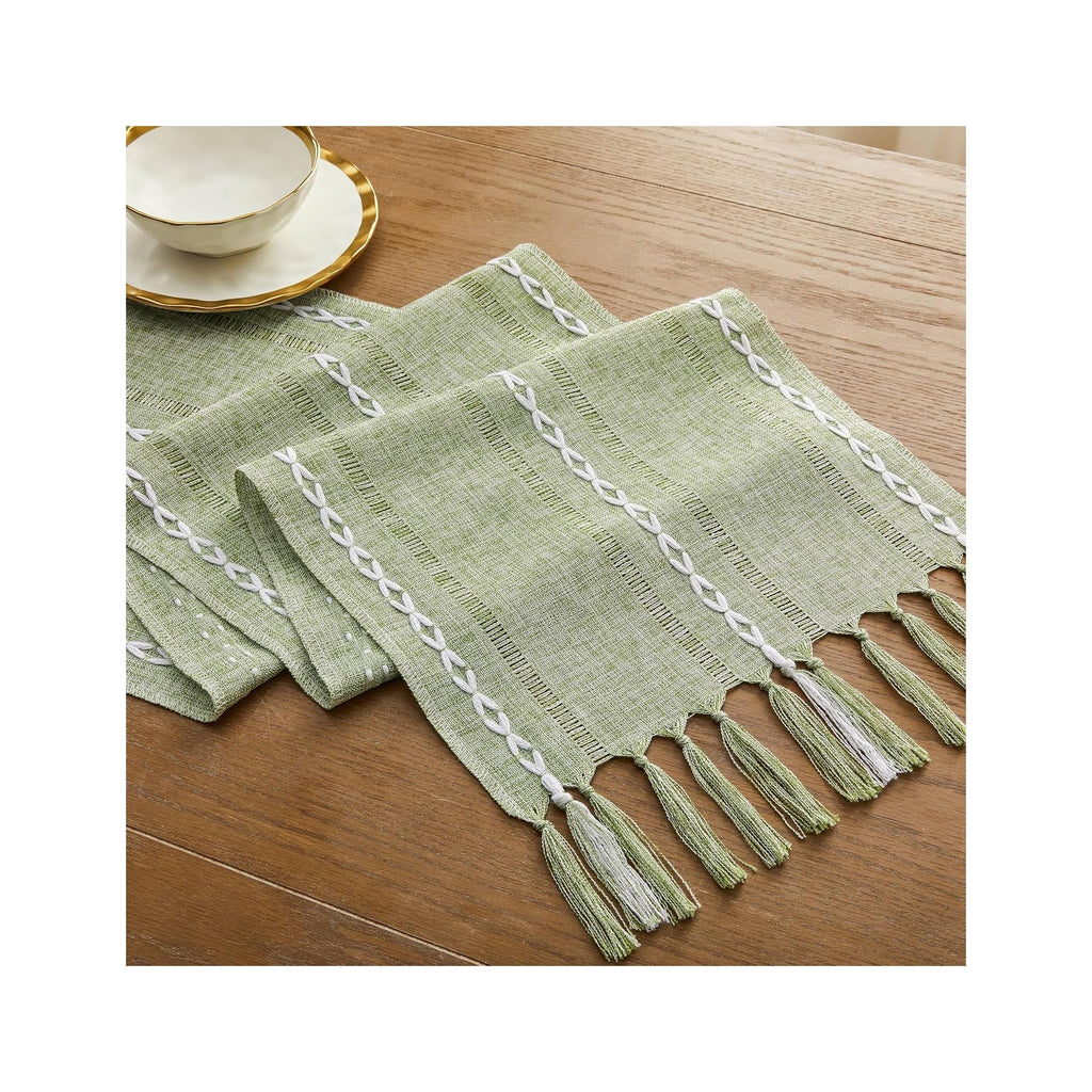 Hemstitched Farmhouse Table Runner, Sage Green 13X72 Inch, Cotton Linen Table Runners 72 Inches Long, Embroidered Striped Sage Green Boho Table Runner Rustic Home Decor