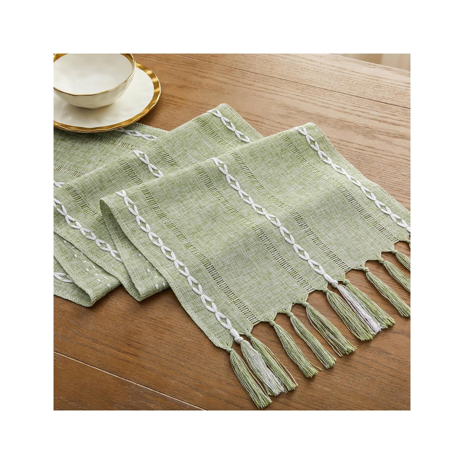 Hemstitched Farmhouse Table Runner, Sage Green 13X72 Inch, Cotton Linen Table Runners 72 Inches Long, Embroidered Striped Sage Green Boho Table Runner Rustic Home Decor