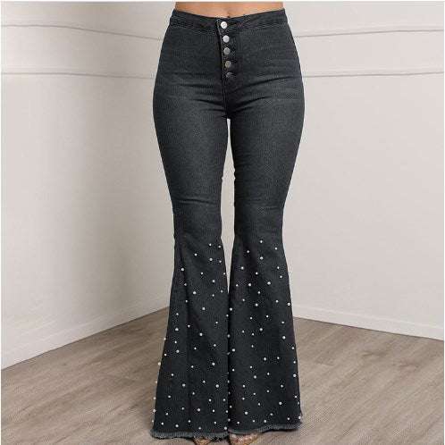 High Waist Elastic Slim Flared Beaded Pants
