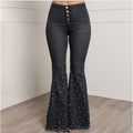 High Waist Elastic Slim Flared Beaded Pants