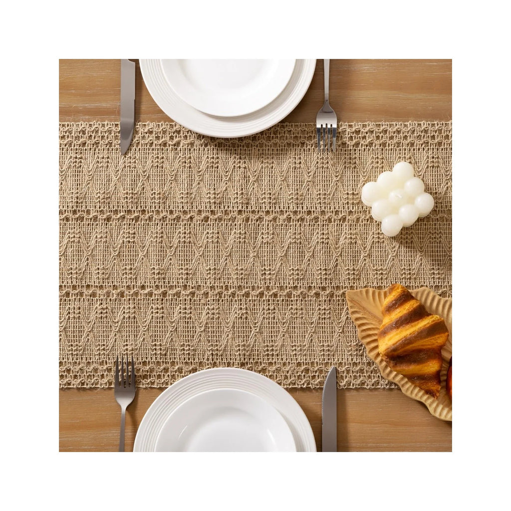 Boho Table Runner Easter Spring Farmhouse Burlap Jute Bamboo Rustic Dining Kitchen Centerpiece Decor Small Macrame Woven Coffee Table Runner for Dresser Scarf Home Decor 12X48 Inch