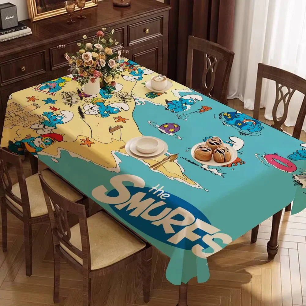 Cartoon Cute Smurfs Tablecloth – Stain Resistant & Washable Polyester Table Cover for Dining Table, Parties, Weddings & Home Decor