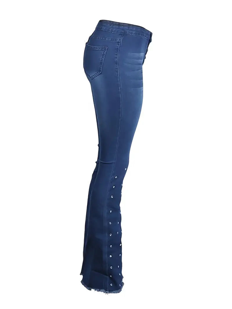 High Waist Elastic Slim Flared Beaded Pants